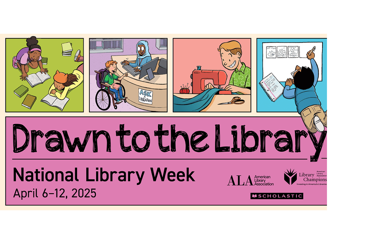 Children on the floor reading, checking out a book, sewing, drawing Drawn to the library National Library Week April 6-12 