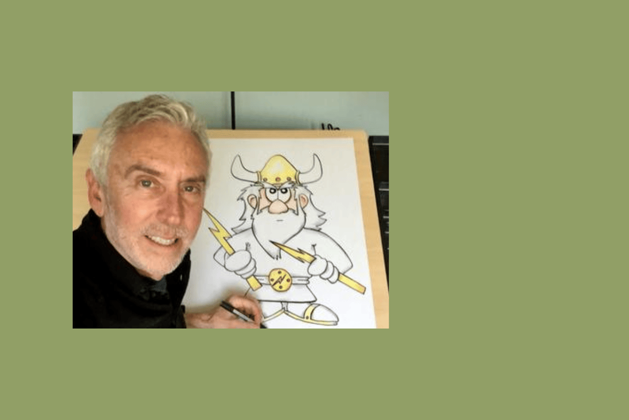 Jeff Nicholas drawing a vicking holding thunderbolts