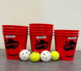 12 red yard pong buckets 2 white wiffle balls 2 yellow tennis balls
