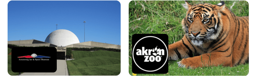 Armstrong Air and Space Museum logo and front of building, tiger and Akron Zoo logo