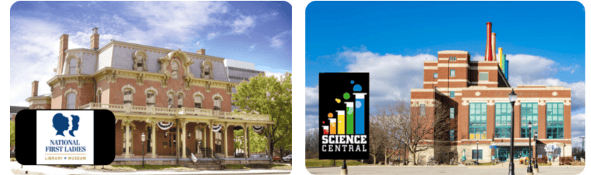 brown brick building National First Ladies Museumbrown and tan brick building Science Central in front of rainbow colored test tubes
