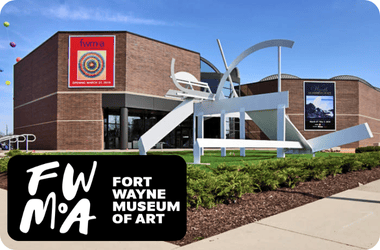 Fort Wayne Museum of Art logo and brown brick building with white abstract sculpture