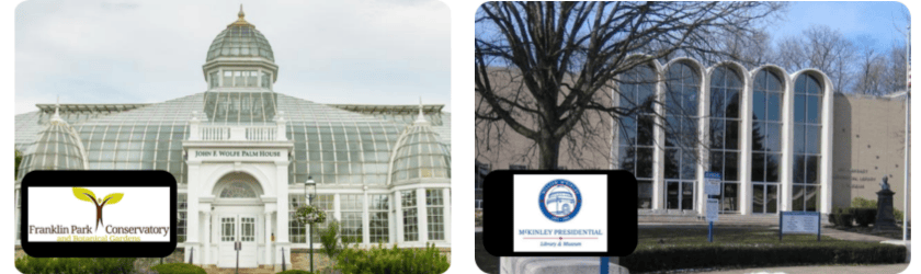 glass building Franklin Park Conservatory tan building McKinley Presidential Library and Museum