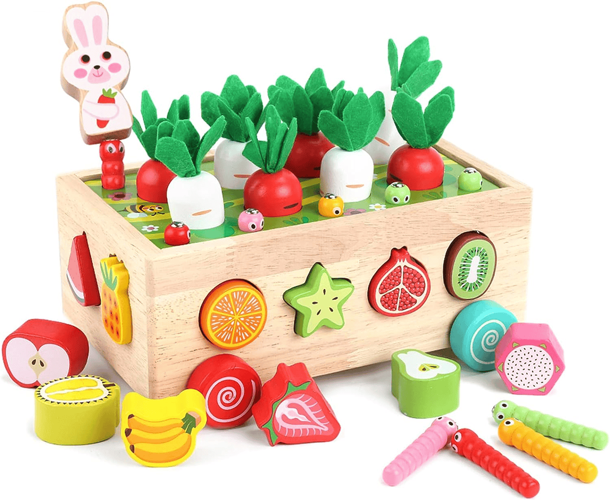 wooden game with 6 carrots, 14 pieces of fruit, 10 worms 1 rabbit