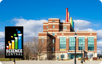 Science Central Logo Rainbow beakers and brown brick front entrance