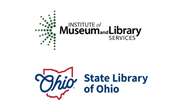 Institute of Museum and Library Services logo half green star burst  and State Library of Ohio logo red outline with Ohio written in blue  across it.