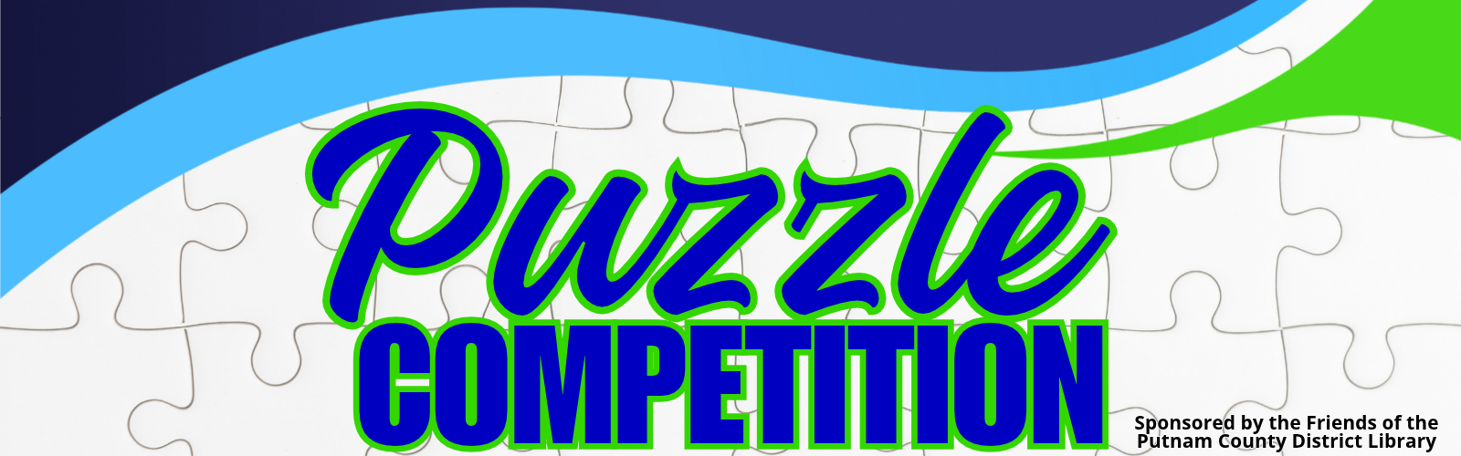 White puzzle piece background with dark blue, light blue, and green waves at the top.