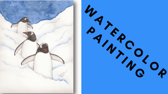 3 penguins snow sky Watercolor painting