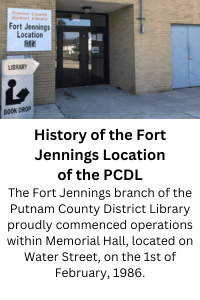 entrance of building and library bookdrop Putnam County District Library Fort Jennings Location