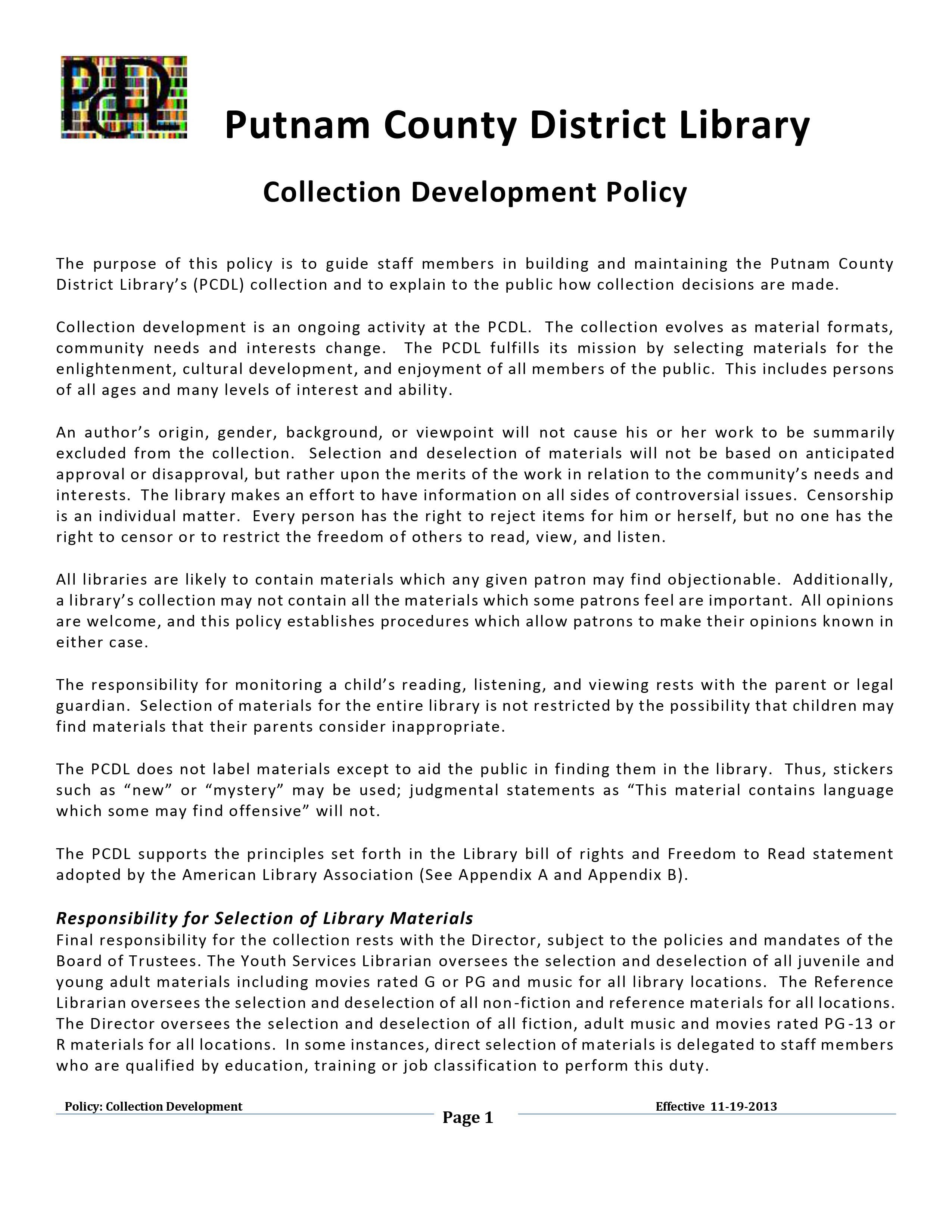 PCDL Collection Development Policy Page 1