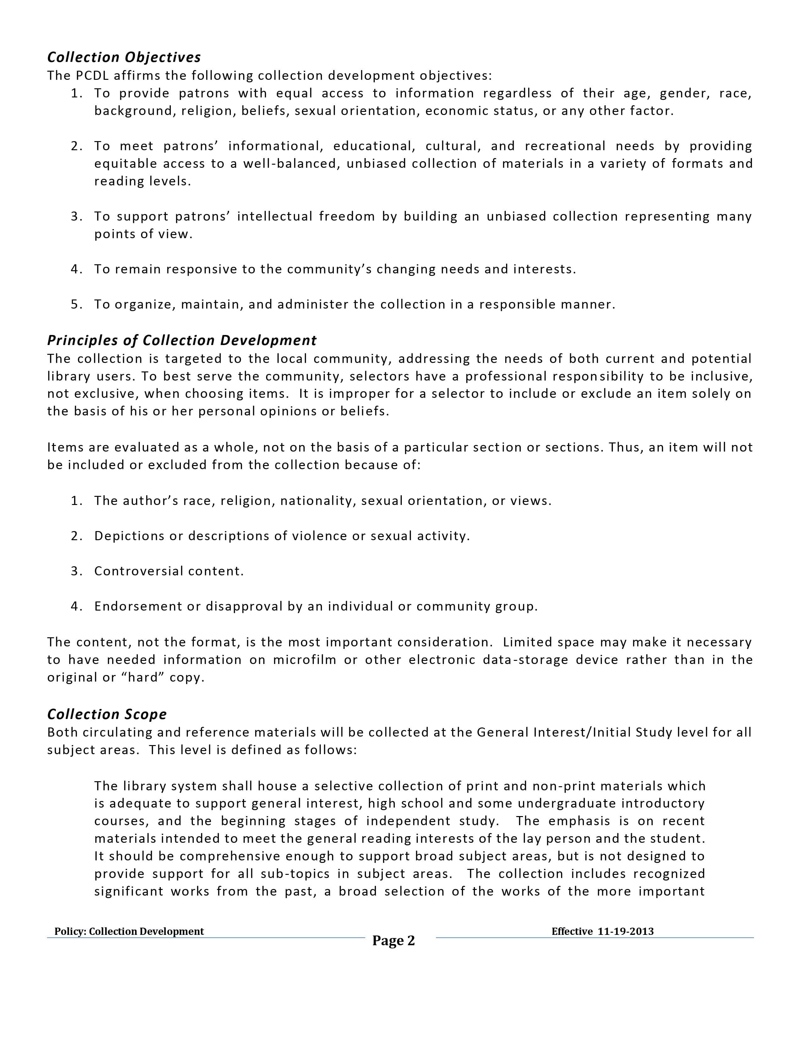 PCDL Collection Development Policy Page 2