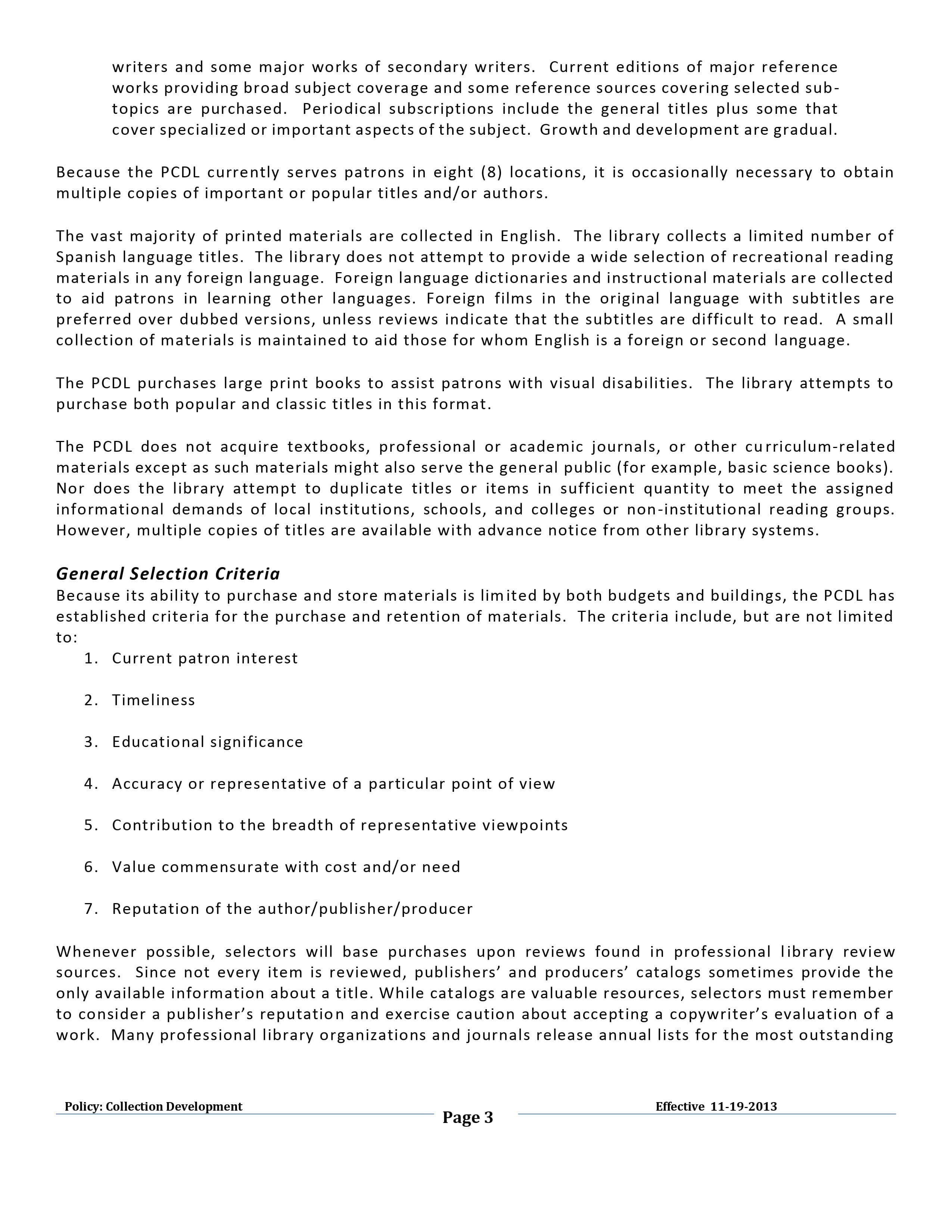 PCDL Collection Development Policy Page 3