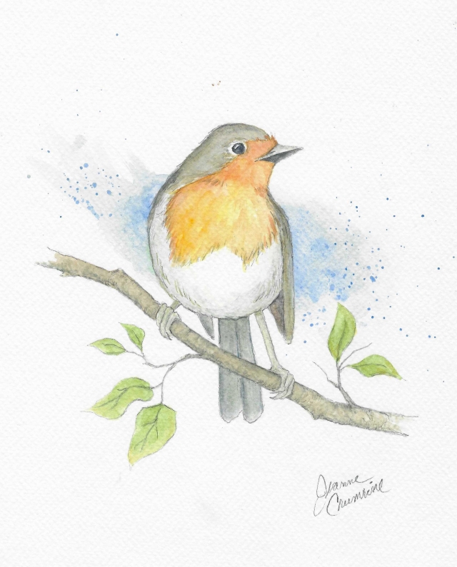 European robin sitting on a branch with leaves