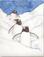3 penguins snow sky