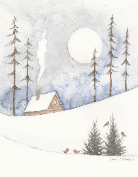 cabin with smoke out of chimney 7 evergreen trees 4 cardinals in snow