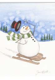 snowman on sled top hat falling off trees