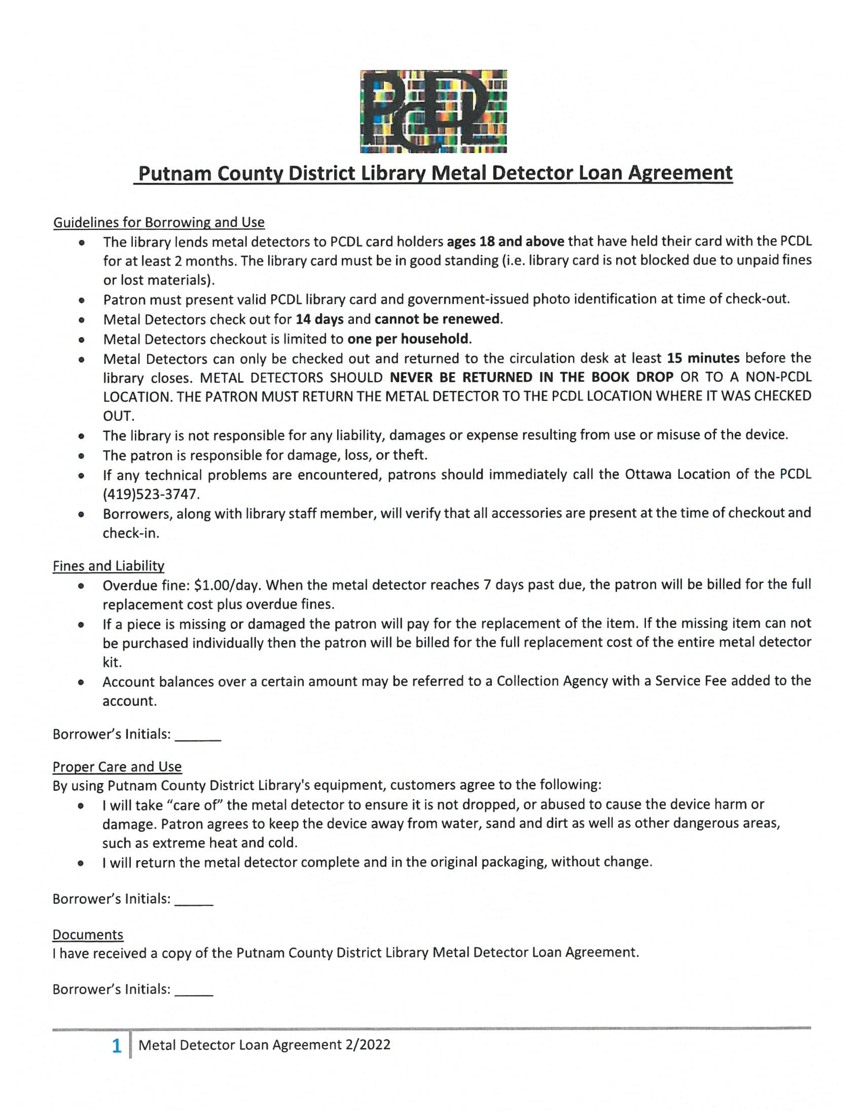 PCDL Metal Detector Loan Agreement page1  call 419-523-3747 ext 3 for more information