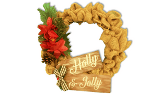 burlap wreath red poinsettias pine cone holly & jolly on wood brown gingham bow