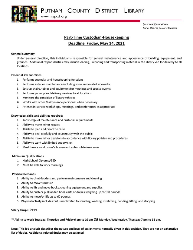 Part Time Custodian / Housekeeping