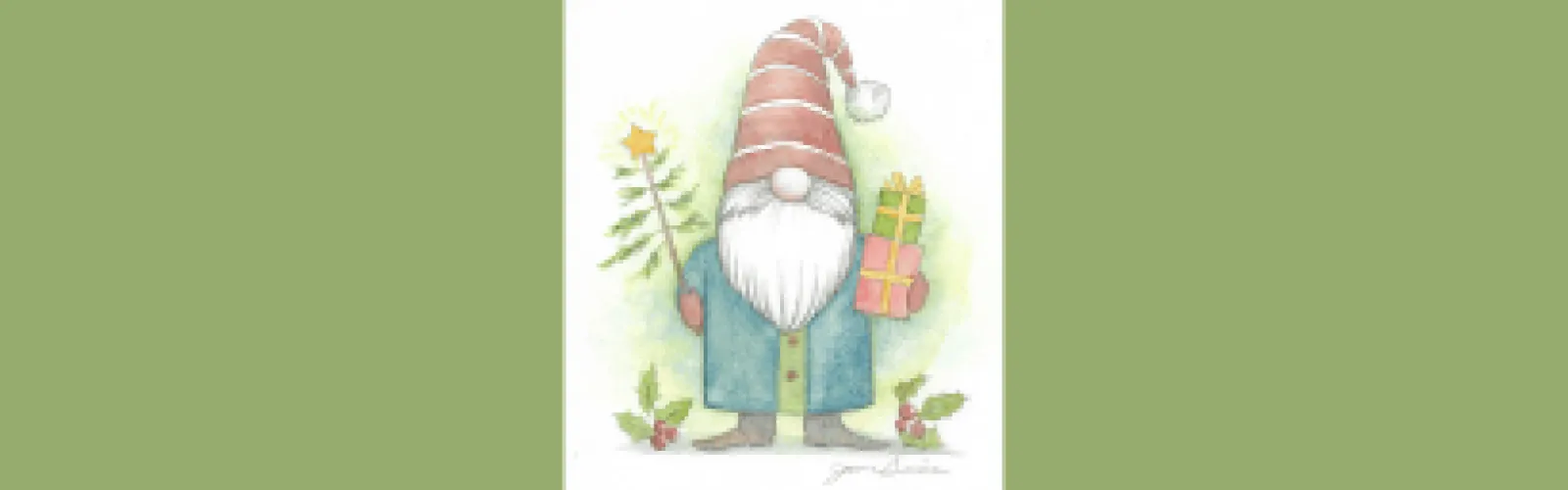 gnome holding Christmas tree and two presents with holly sprigs on floor
