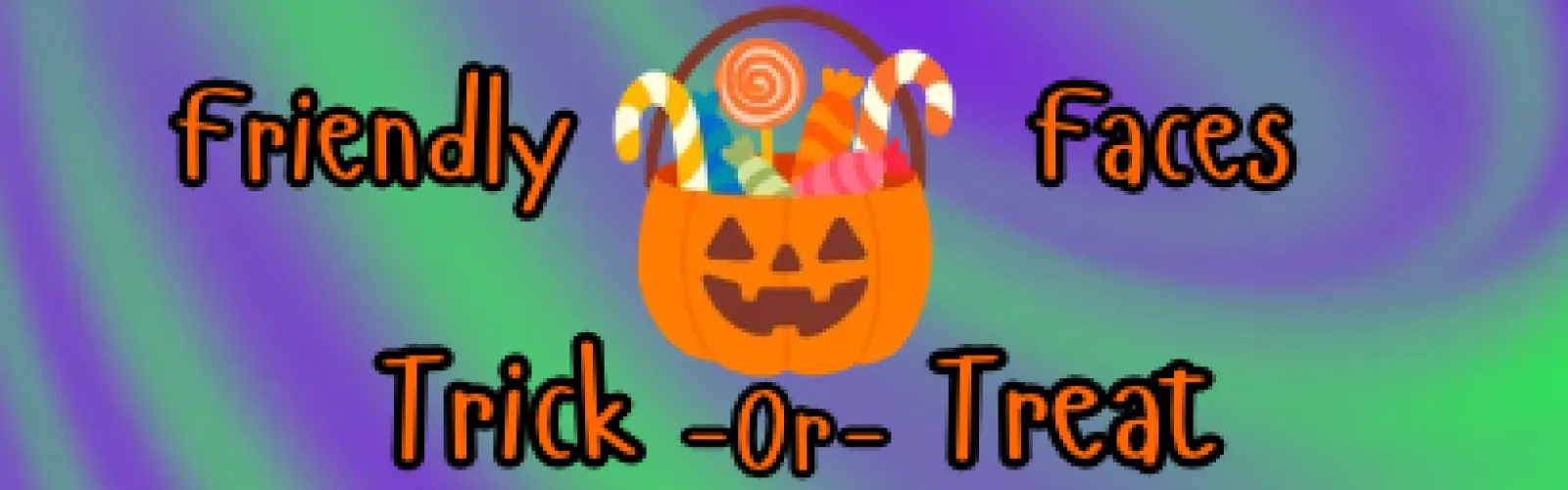 Wavey purple and green background with a candy bucket in the shape of a jack o lantern with candy inside.