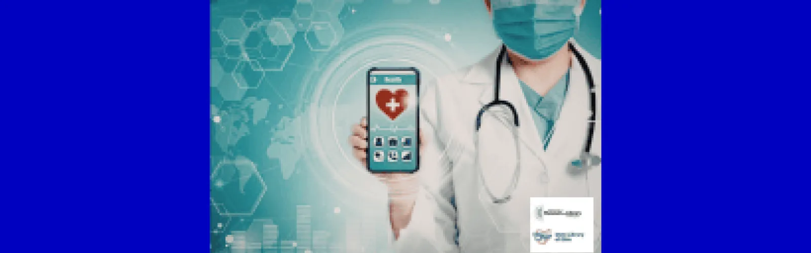 person with stethoscope hold a smartphone health app opened.
