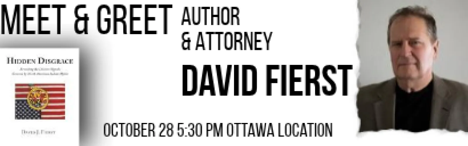 White background with a book cover on the left and a picture of David Fierst on the right.