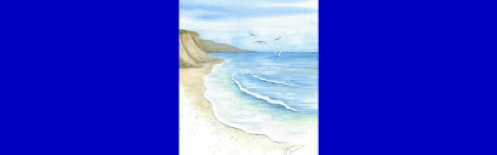 water washing up on shore mountains three birds 2 sailboats