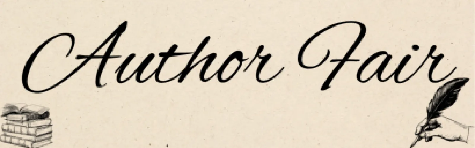 Tan paper background with a pencil drawing of books on the left and a pencil drawing of a hand holding a quill to the right.