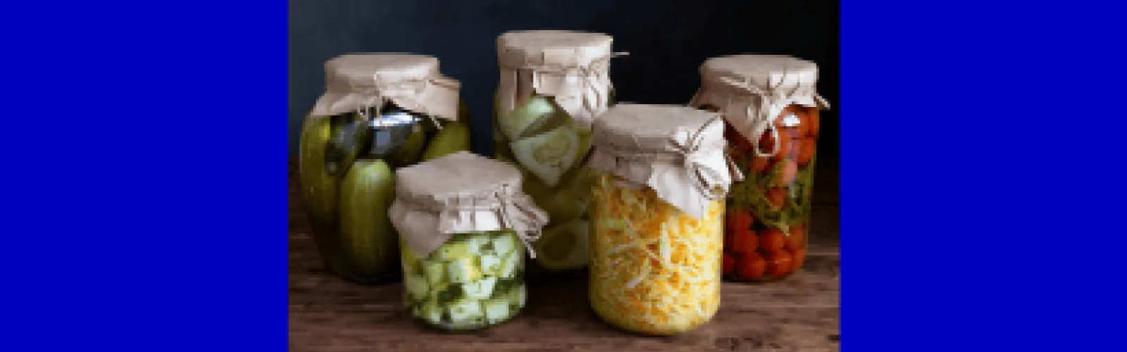 pickles slaw tomatoes in canning jars with burlap