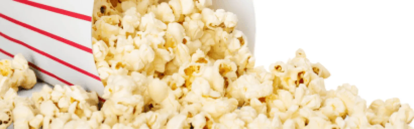 red and white striped popcorn box with popcorn