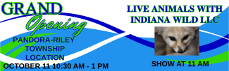 Grand Opening Pandora Riley Township Location October 11 10:30 am to 1 pm Live Animals with Indiana Wild LLc fox on a blanket