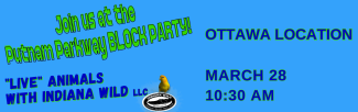 join us at the Putnam Parkway Block Party live animals with Indiana Wild LLC Ottawa Location March 28 10:30 am